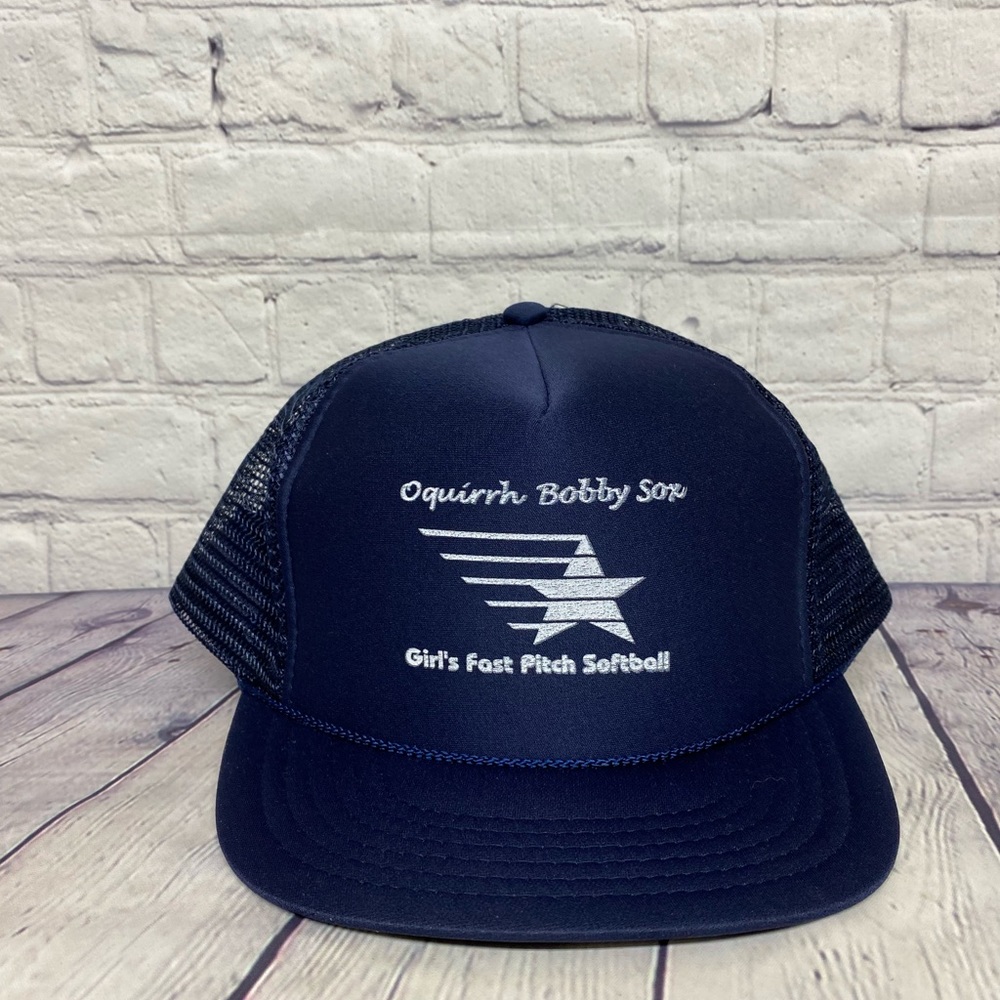 Vintage Hat Cap Snapback Navy Blue Trucker Mesh OQUIRRH Bobby Sox Softball